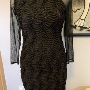 Frank Lyman Design Black Textured Dress with Mesh Sleeves